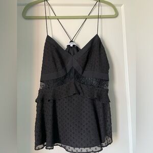Likely Swiss dot and lace trim strappy top. Black. Size Large